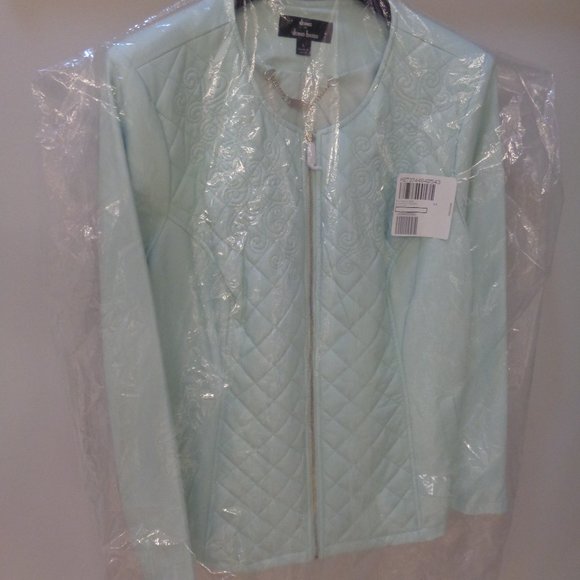 Dennis Basso Faux Leather Quilted Jacket Embroidery Mint Color Size L Chic - Picture 2 of 10